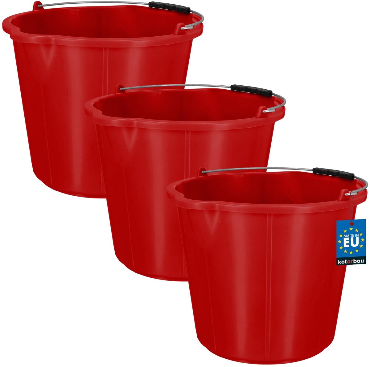 KOTARBAU® 3 Stuks - Bouwemmer 15 L - Mortelemmer - Emmer met Schenktuit - HDPE - Emmer met Schaalverdeling - en Handvat - Cementemmer - Betonemmer - Rood