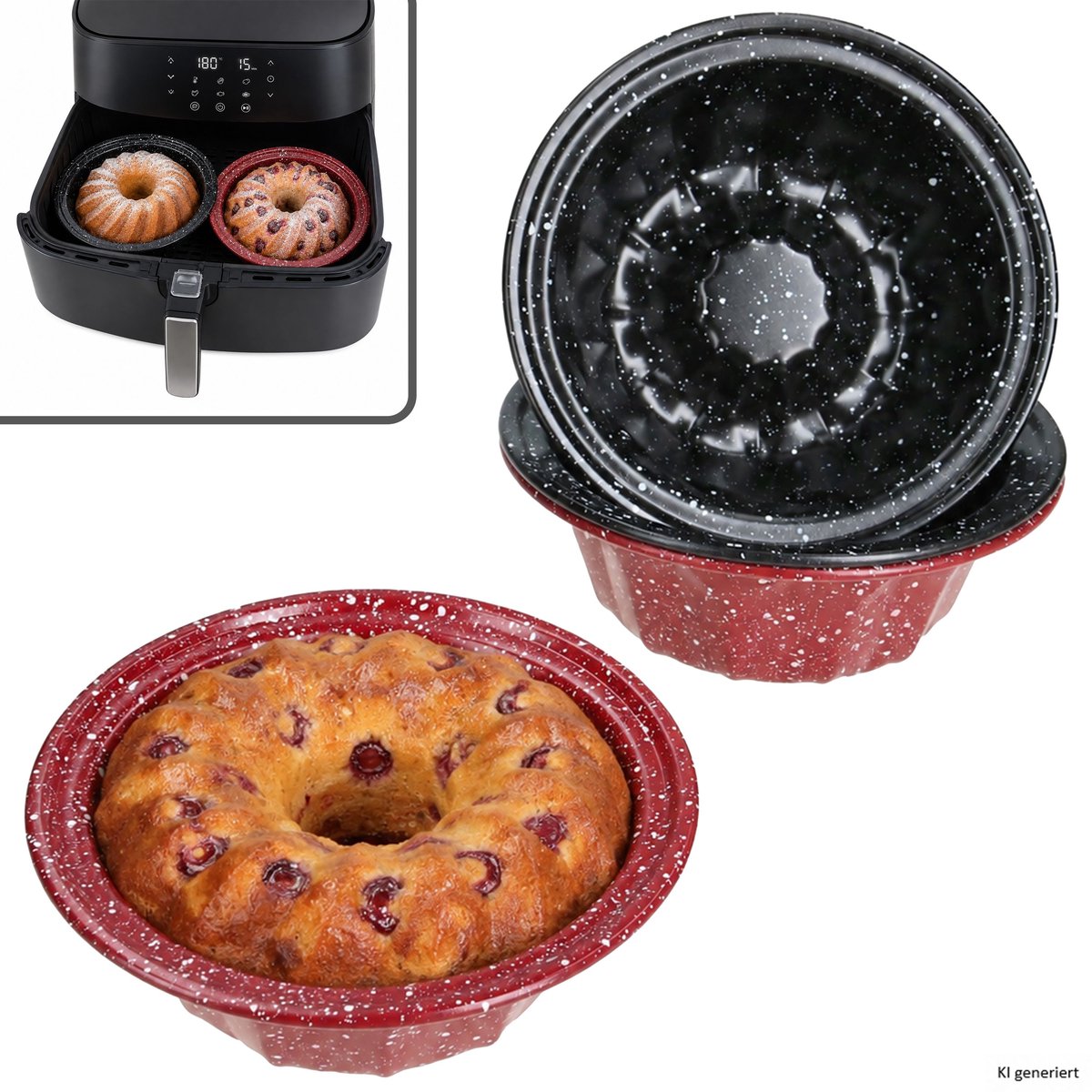 Set van 4 CUCI mini-gugelhupfvormpjes, rond, Ø 12,3 cm, 2x zwart & 2x rood, van staal – 170492740