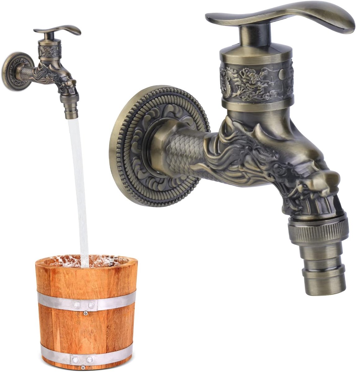 SnelShoppen - Waterkraan Tuin Antiek Vintage Kraan met Draak Houtsnijwerk 1/2 Inch Wandmontage - Robuuste Messing Waterafvoer voor Tuin, Keuken, Badka