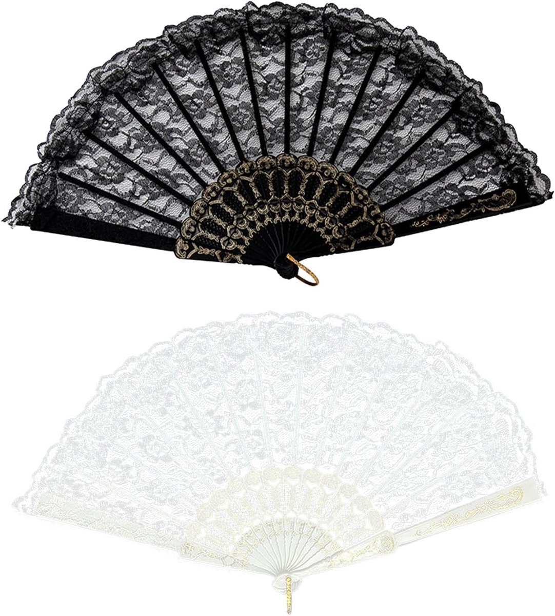 SnelShoppen - 2 Stuks Vintage Kant Vouwfan Handfans Damesfan Bruidsfan Voor Bruiloft Dansfeest Prom Decoratie Zwart Wit