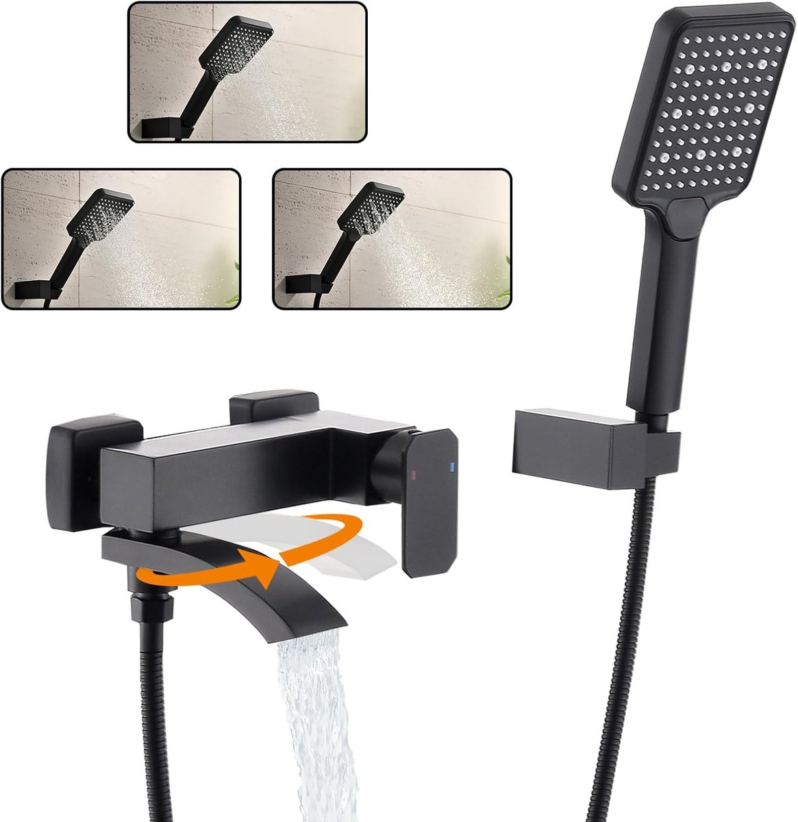 SnelShoppen - Zwarte Badkamerkranen met Douche, Waterval Badkuip Mengkraan met 90° Draaibare Schakelaars en 3 Functies Handdouche