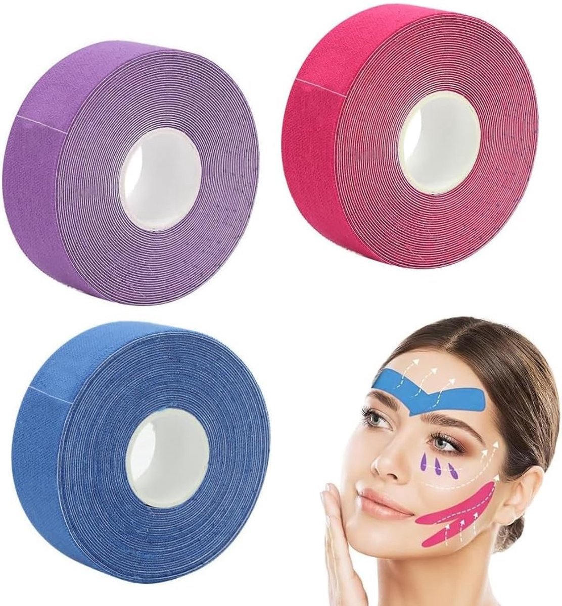 Lifting Tape voor het Gezicht - 3 Anti-Rimpel Tapes en Patches voor een Strakkere Huid, Multifunctionele Myofasciale Gezichtstape