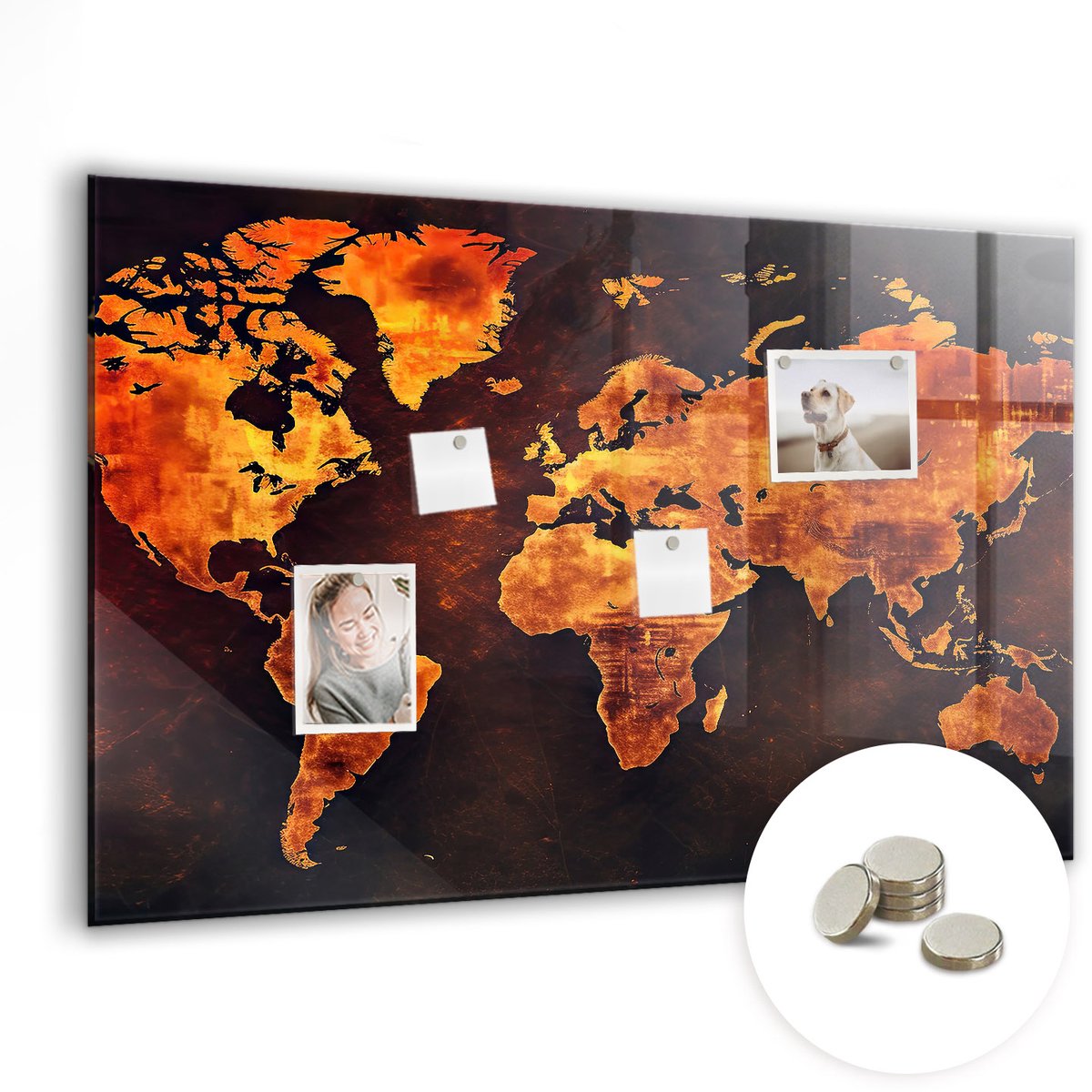 Coloray Glazen Magneetbord - Magnetisch Bord Decoratieve wereldkaart - 90x60 cm - Oranje Magneetbord - Magnetic Board - Magneetbord Design