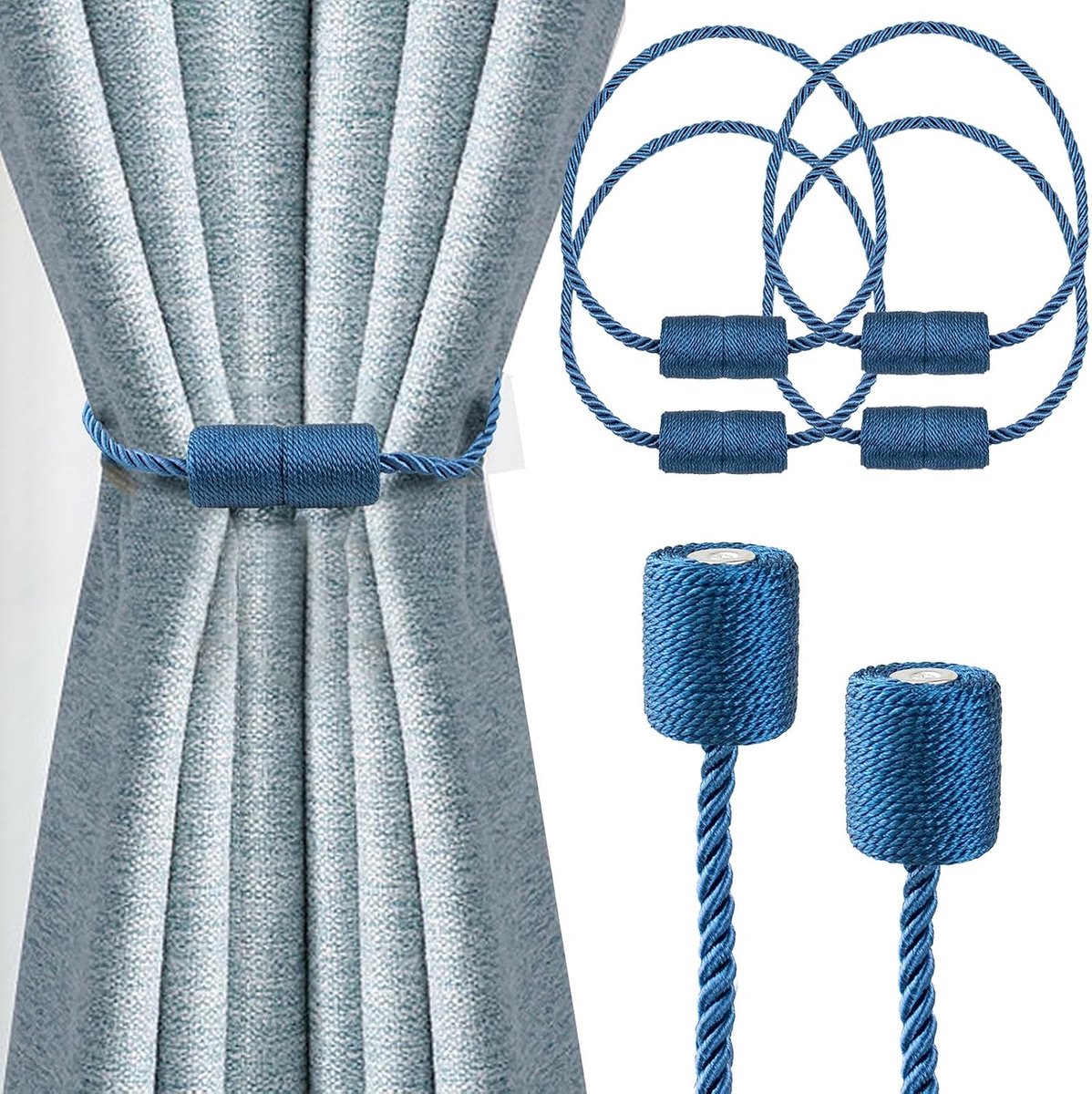 SnelShoppen - Sterke Magnetische Gordijn Klemmen, Elegante Decoratieve Tie Backs, Moderne Touw Klemmen voor Gordijnen, Raam Gordijnhouders, Blauw, 4 S