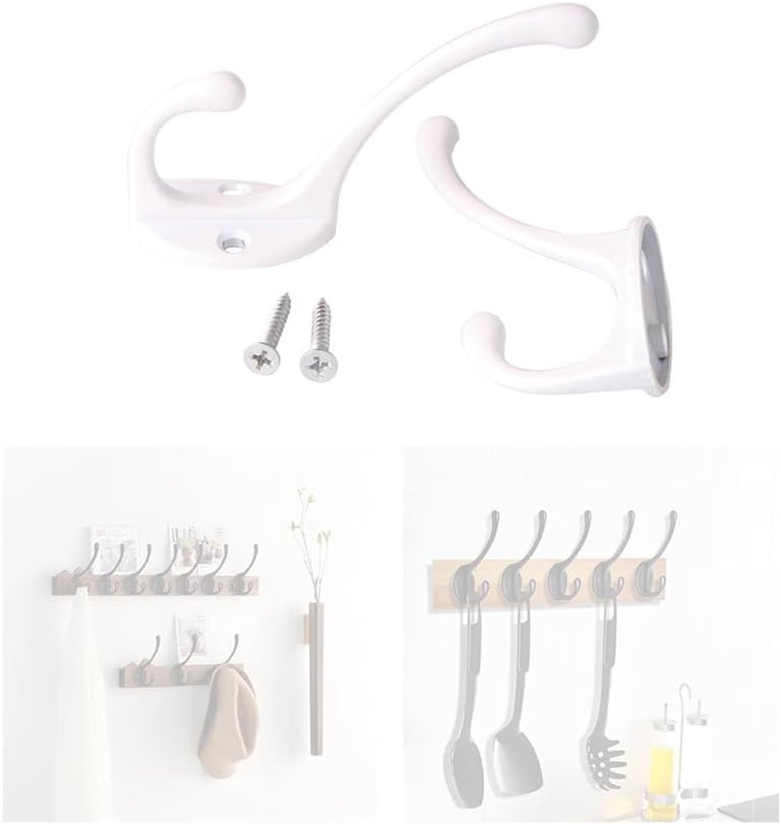 SnelShoppen - Wandhaakset 6 Stuks Dubbele Haken Muurbevestiging Multifunctioneel voor Badkamer, Keuken, Slaapkamer - Wit