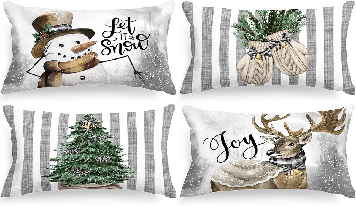 SnelShoppen - Set van 4 Kerst Kussensloop Covers 30 x 50 cm, Winterse Decoratie met Sneeuwman, Handschoenen, Hert en Eucalyptus, 100% Polyester, Perfe