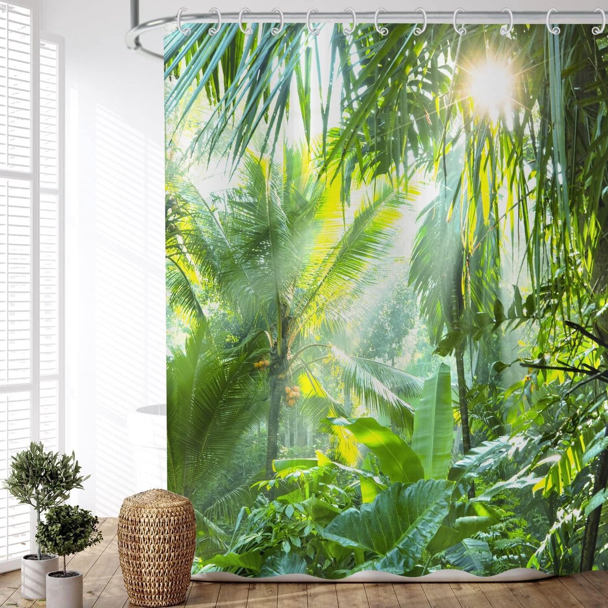 SnelShoppen - Douchegordijn Bos 180x200cm Natuurlijke Landschap Groene Bos Zon Waterproof Textiel Douchegordijn Wasbaar Bad Douchegordijn met 12 Haakj