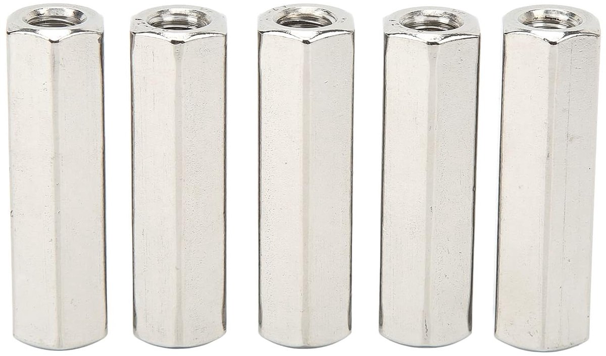 SnelShoppen - Pack van 5 M10 X 1.5-Pitch 60mm Lengte Metric Hex Koppelnut 304 RVS Voldraad - Duurzaam en Sterk voor Verbindingen