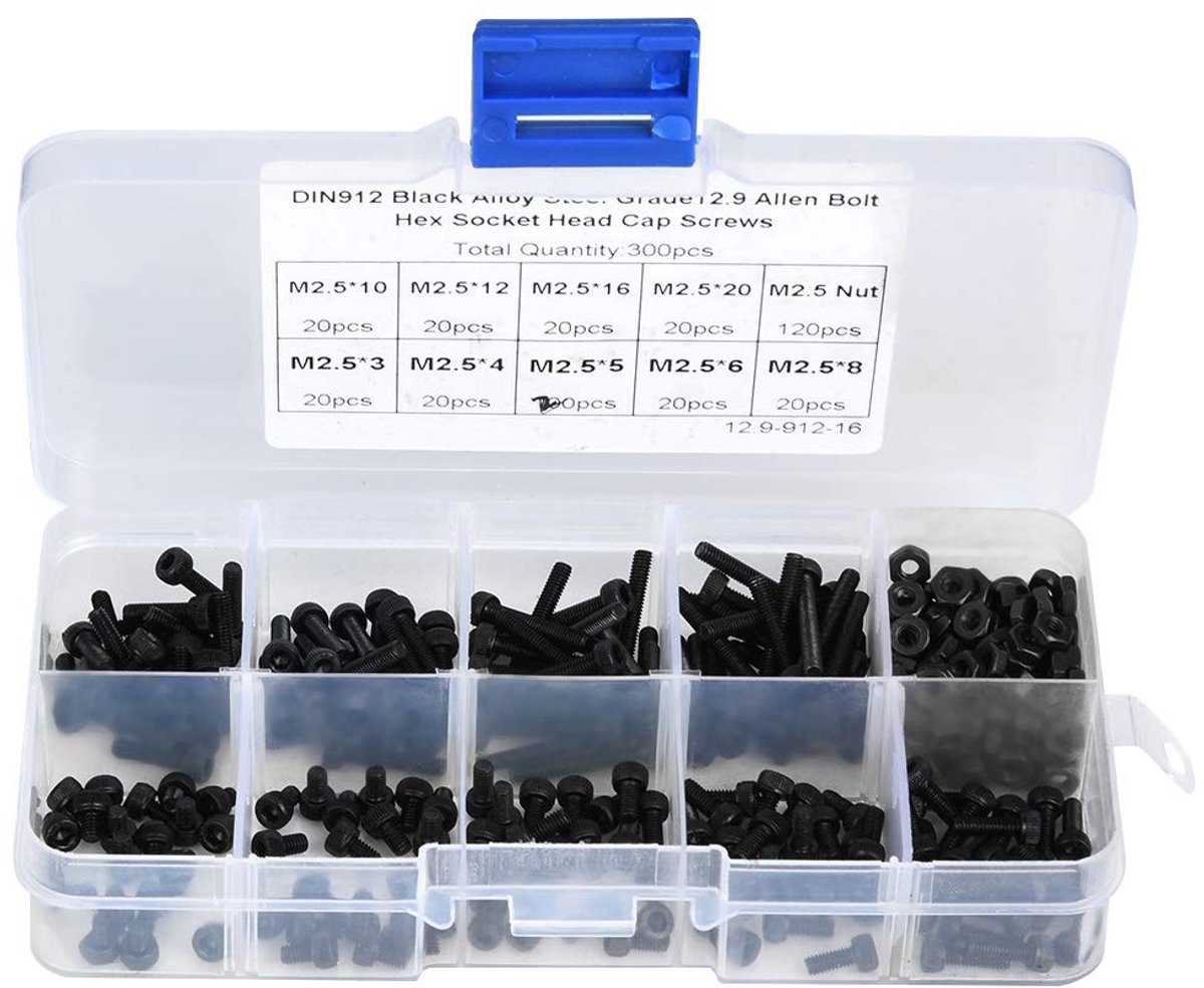 Watris Veiyi Pack of 300 Hex Socket Screws, M2.5 x 3-20 mm, Assortment Allen Screws, 12.9 Degree Hex Head Screws - ShopVlot