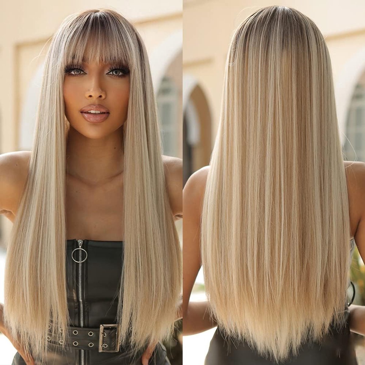 Lange Rechte Pruiken - Synthetisch Haar - Feestelijk Dragen - Hittebestendige Vezel - 66 cm - Ombre Blond