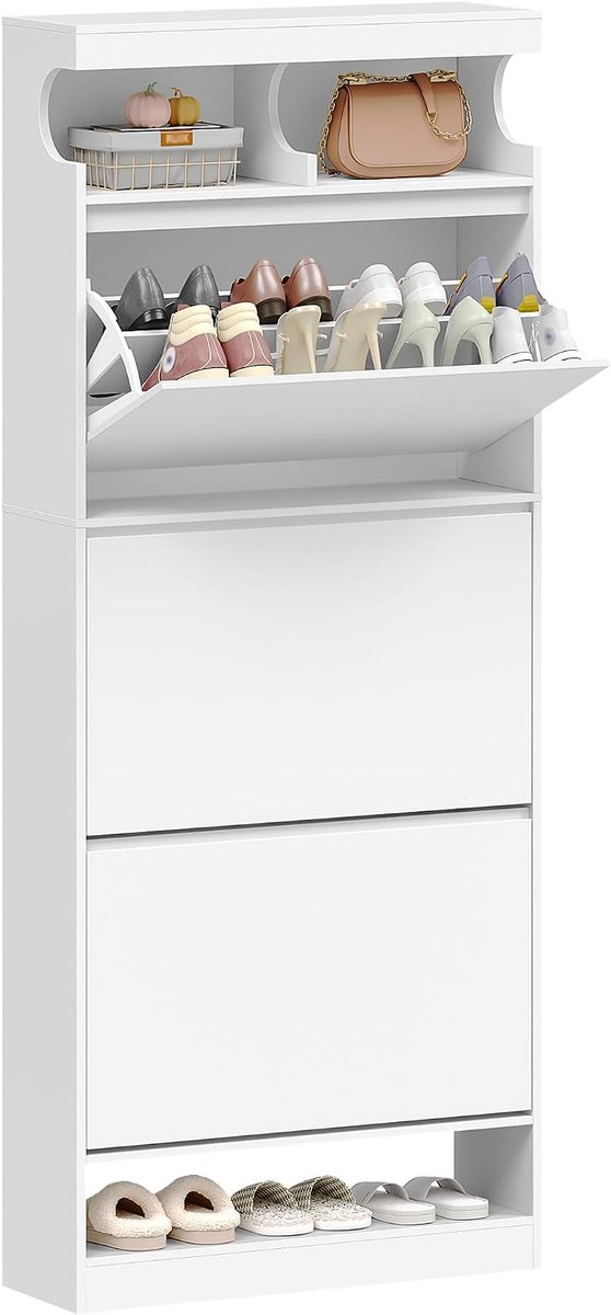 HILINSIE Schoenenkast, open vak, 18-21 paar, 3 kleppen (60B cm), houten schoenenrek, schoenenrek, verstelbare scheidingswand, grote capaciteit voor hal, garderobe, wit
