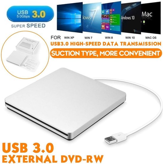Externe DVD Brander - CD Writer Drive - Oude Schijven Lezen - USB 3.0 Overdracht - Ultra Dun - Zilver — afbeelding 2