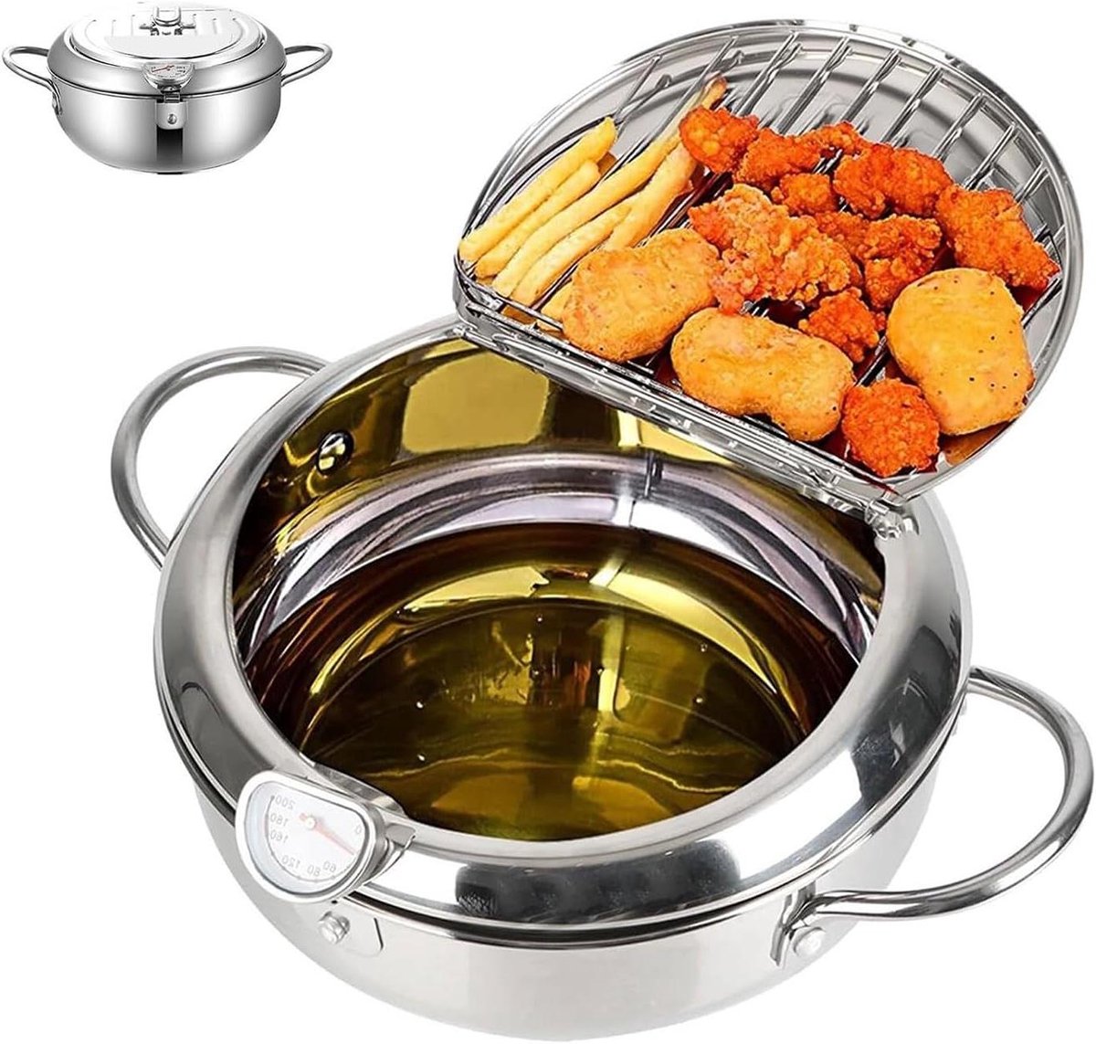 Japanse Frituurpan - Mini Frituurpan Tempura - Frietjes Bakken - Met Thermometer - 20cm / 2.2L - Zilver