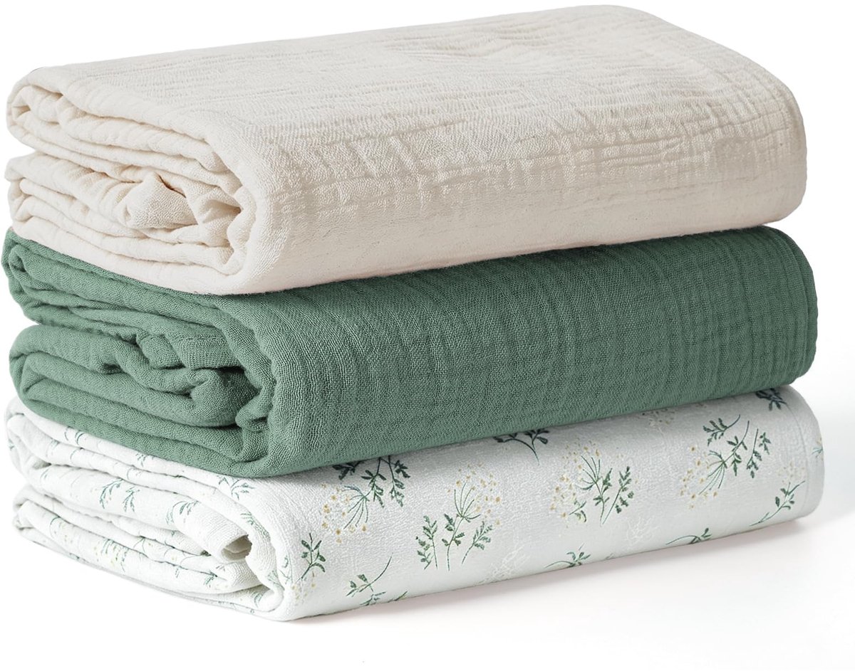 SnelShoppen - Peepeemax Baby Pucktuch voor Pasgeborenen, Groot Mousselinedoek 100x100 cm, Zacht Ademend Katoen, 3 Stuks, Groene Bloem voor Jongens en