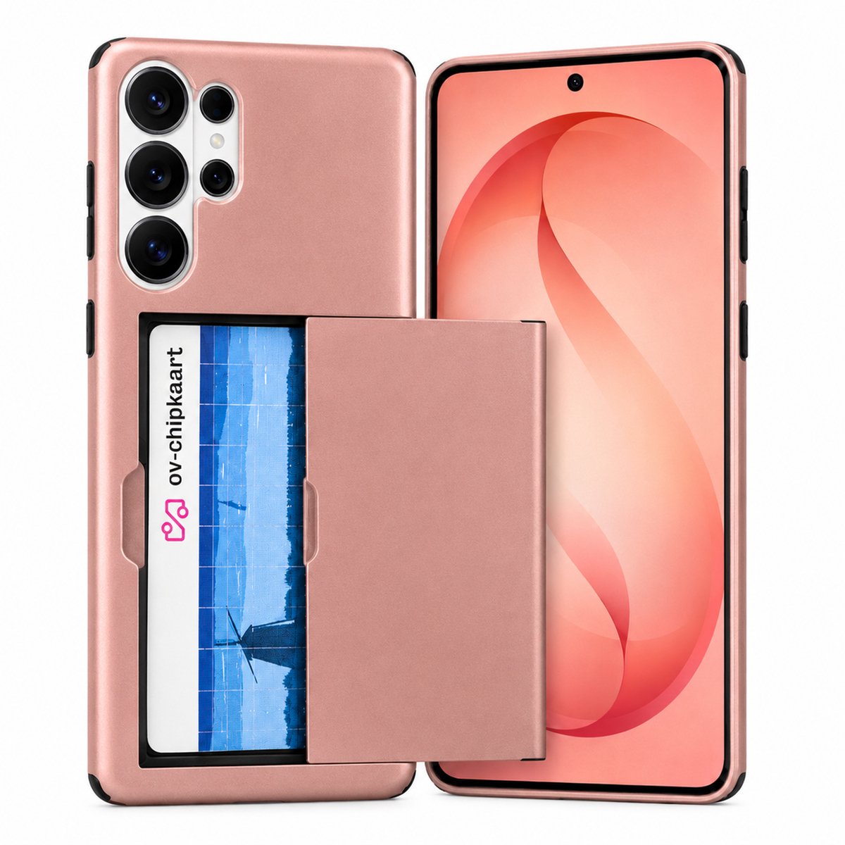 Hoesje met Pasjeshouder geschikt voor Samsung Galaxy S26 Ultra – Back Cover Slide Case – Roségoud – Kaarthouder – Schuifsysteem