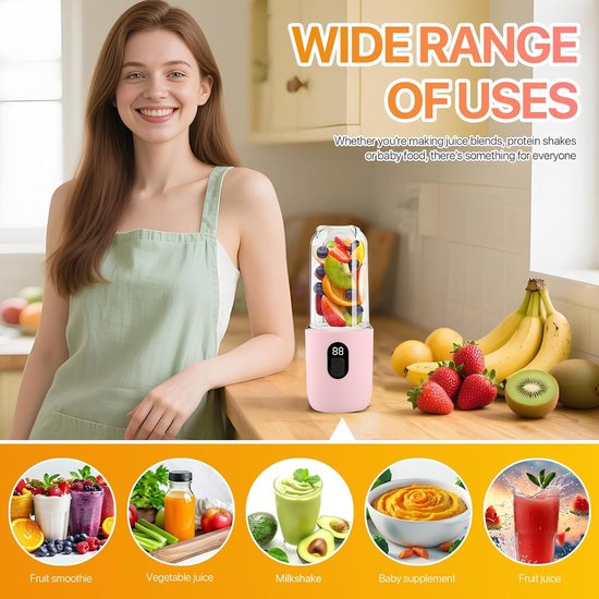 Mini Blender - Portable Mixer - Gezonde Drankjes Maken - 1500mAh Batterij - 500ML Fles - Roze van MINI — afbeelding 4