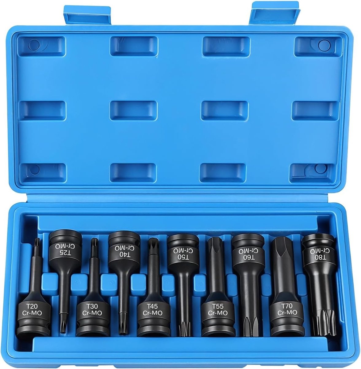 Set van 10 Torx Steeksleutels 1/2 Inch T20 - T80 voor Auto Reparatie en Onderhoud met Opbergdoos