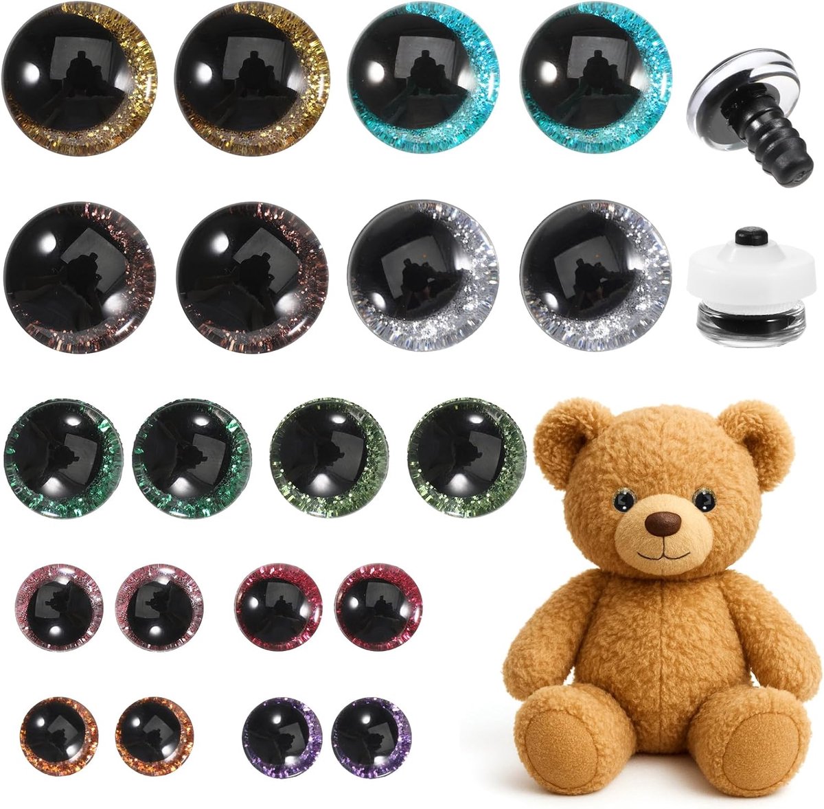 Ogen om te haken met sluitringen, 12-20 mm, ronde veiligheidsogen voor gehaakte dieren met ringen, opgezette dierenoog voor doe-het-zelf poppen en knuffeldieren maken