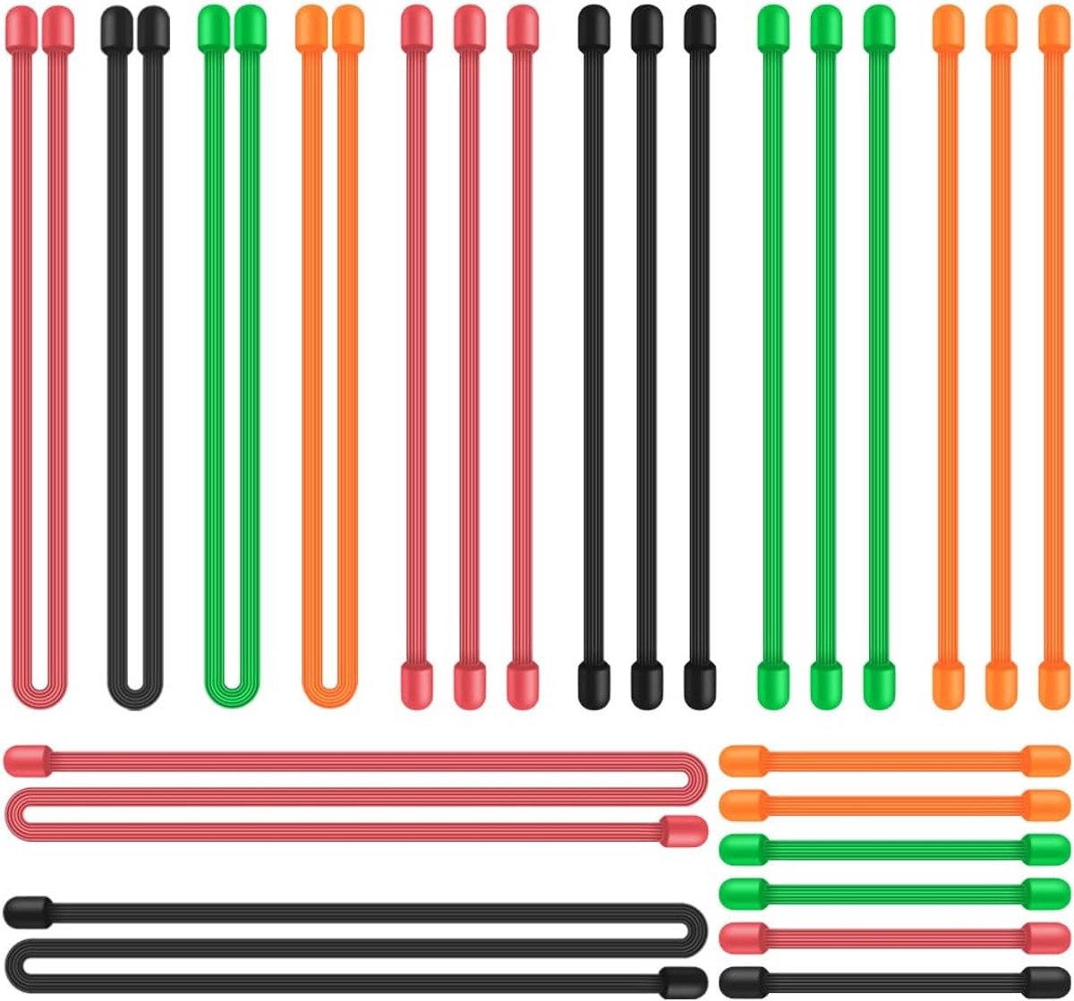 SnelShoppen - 24 Stuks Twist Ties - 18" 12" 3" 6" Silicone Kabelbinders - Herbruikbare Rubber Straps - Kleur: Zwart, Groen, Oranje, Rood - Perfect voo