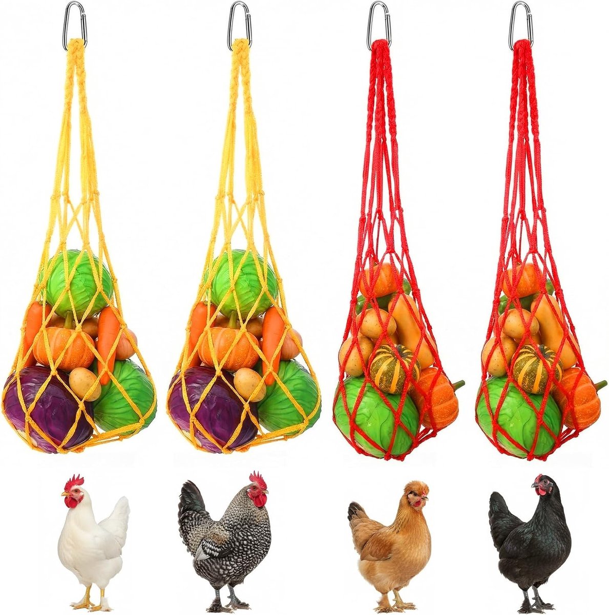 Kippenvoedernet met haken - 4 stuks voedernetzakken voor eenden, ganzen en vogels, ideaal voor buitengebruik
