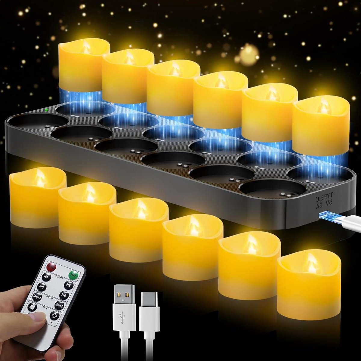 Oplaadbare LED kaarsen - Theelichtjes set - Sfeerverlichting creëren - Magnetisch laadstation - 12 stuks - Warm wit
