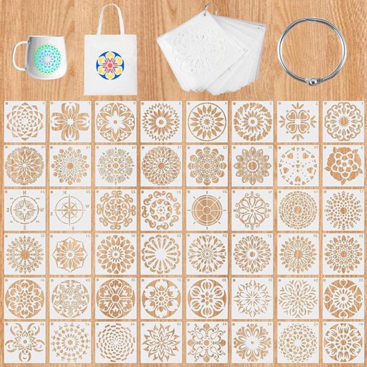 Set van 48 Herbruikbare Mandala Sjablonen van 10 x 10 cm voor DIY Schilderen, Scrapbooking en Textieldecoratie met Diverse Patronen