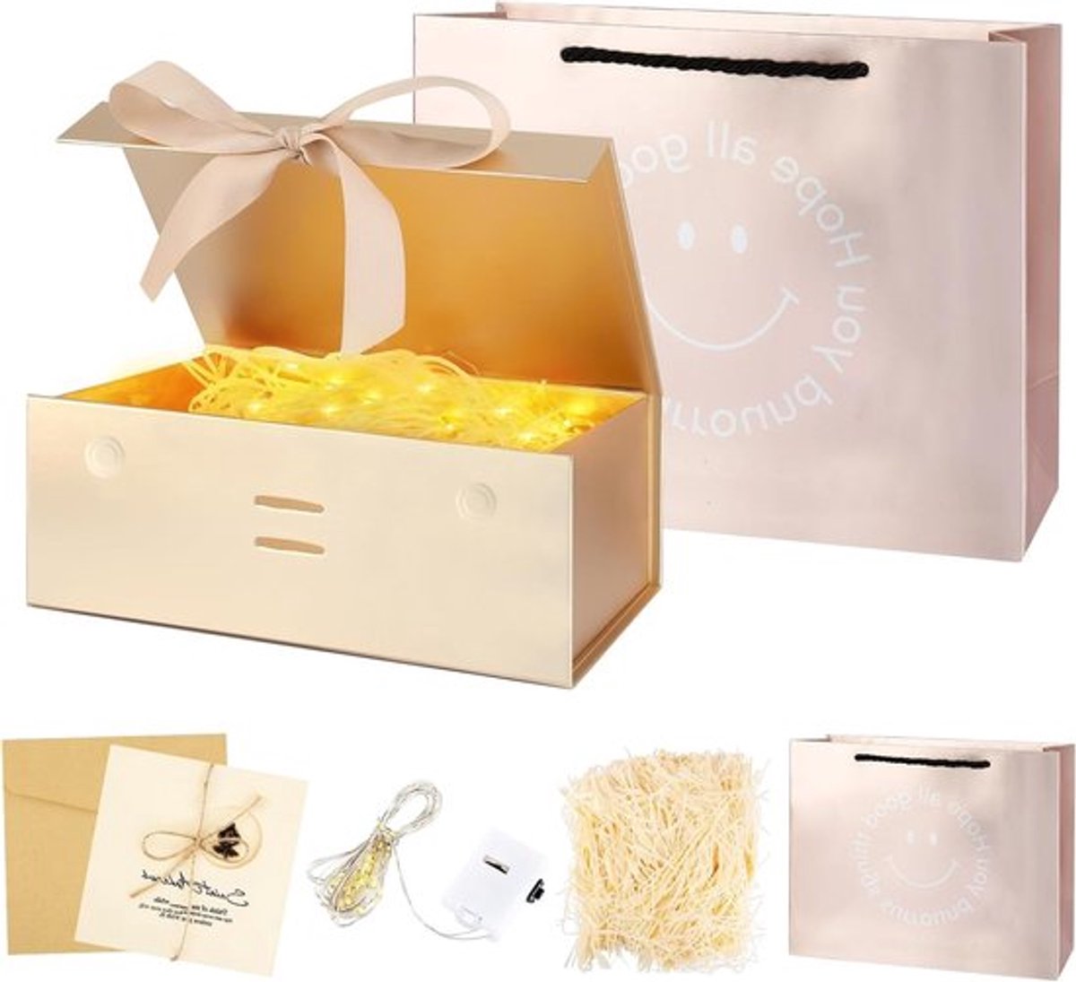 Elegante Geschenktas met Deksel 22 x 16 x 9 cm in Roségoud, Perfect voor Verjaardagen, Bruiloften en Kerstmis met Strik en Decoratieve Lichten