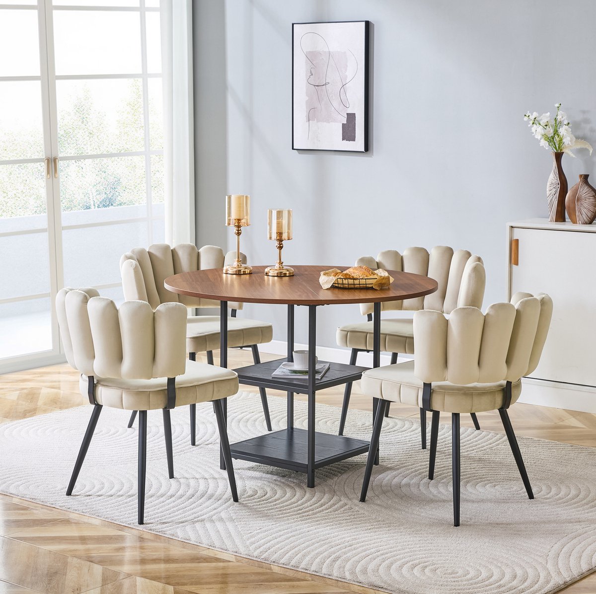 REDOM - Set tafel en stoelen - Ronde eettafel 107 cm - Dubbele opberglagen - Metalen frame - Modern - Hout - Lichtbruin, walnoot en zwart - 107 cm