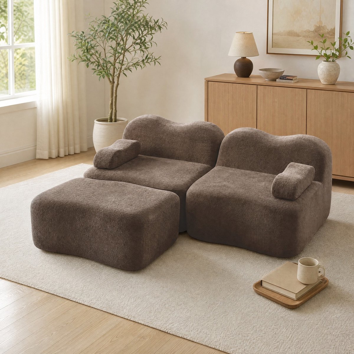 MEUNIQ L-vormige hoekbank 2-zits met 1 ottoman, modulair, zonder montage, fluwelen bekleding, voor woonkamer en appartement, bruin