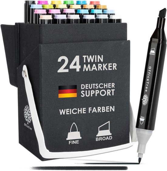 Zwarte opbergdoos voor 24 twin markers, open met één zwarte marker ernaast.