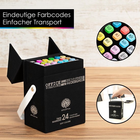 Zwarte koffer met 24 twin markers, geopend, en een hand die de koffer draagt.