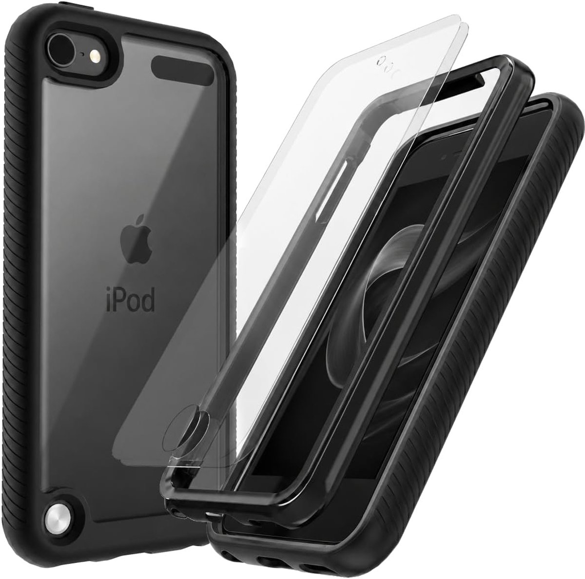 SnelShoppen - iPod Touch 7/6/5 Hoesje Transparant Hybrid 2 in 1 met 2 Schermbeschermers 360 Volledige Schokbestendige Cover - Zwart