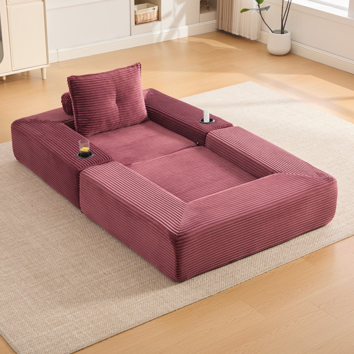 MIVRAY Slaapbank 122 Cm - Opklapbaar Met Bekerhouder En Zijvak - Voor Woonkamer En Appartement - Ribfluweel Met Traagschuim - Wijnrood