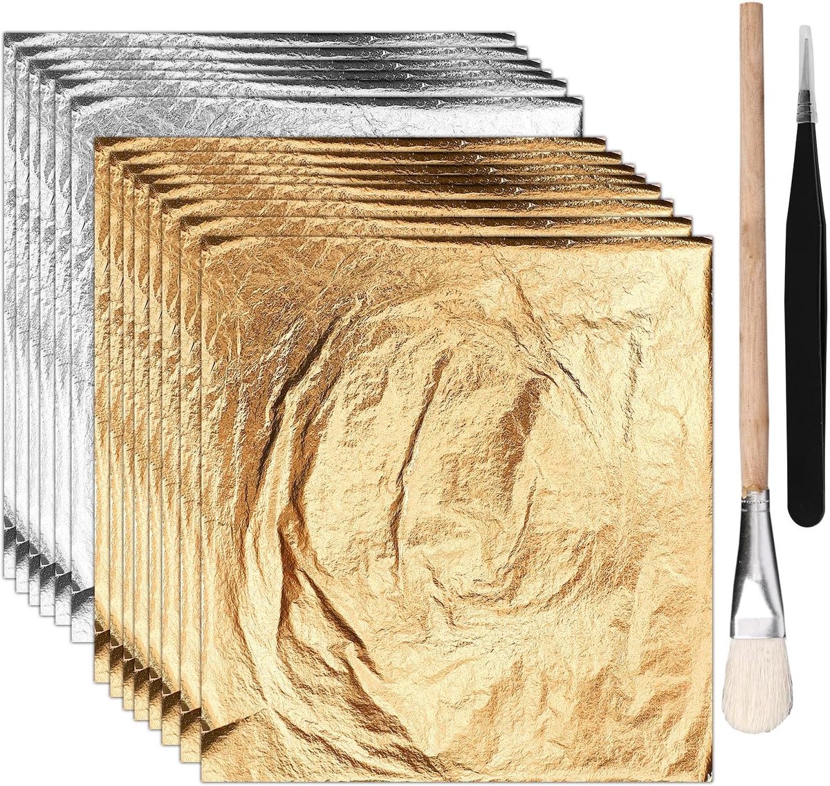 SnelShoppen - 100 Stuks Gouden Blad voor Kunst en Vergulding, 14x14cm Imitatie Goudfolie Bladen met Pincet en Kwast voor DIY Projecten, Schilderen, Me