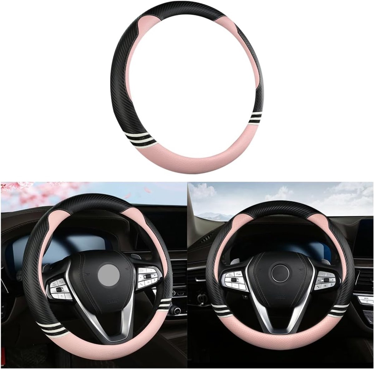 SnelShoppen - Schattige Stuurwielhoes voor Auto 38 cm - Universele Faux Leren Stuurwielbeschermer voor Vrouwen - Roze - Ademend en Duurzaam - Perfect