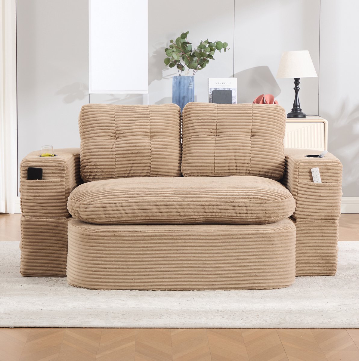 MIVRAY Slaapbank 2-Zits 165 Bij 97 Bij 61 Cm - Twee In Een Met Bekerhouders En Opbergtassen - Voor Woonkamer En Relaxhoek - Cord Khaki