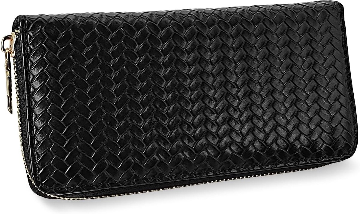 SnelShoppen - Dames Lange Wallet van PU Leer met Weefpatroon, Grote Capaciteit, Met ID Venster, Ritssluiting Muntvak, Meerdere Kaartsleuven, Zwart, Mi