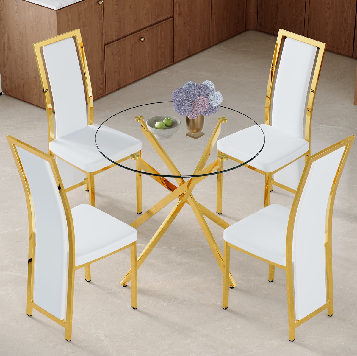 REDOM - Set tafel en stoelen - Ronde eettafel van 88 cm - Gehard glas met kruisvormig metalen onderstel - 4 eetkamerstoelen - Wit PU leer - Modern - Eetkamer of open keuken - Metaal - Transparant, Wit, Goud - 88 cm
