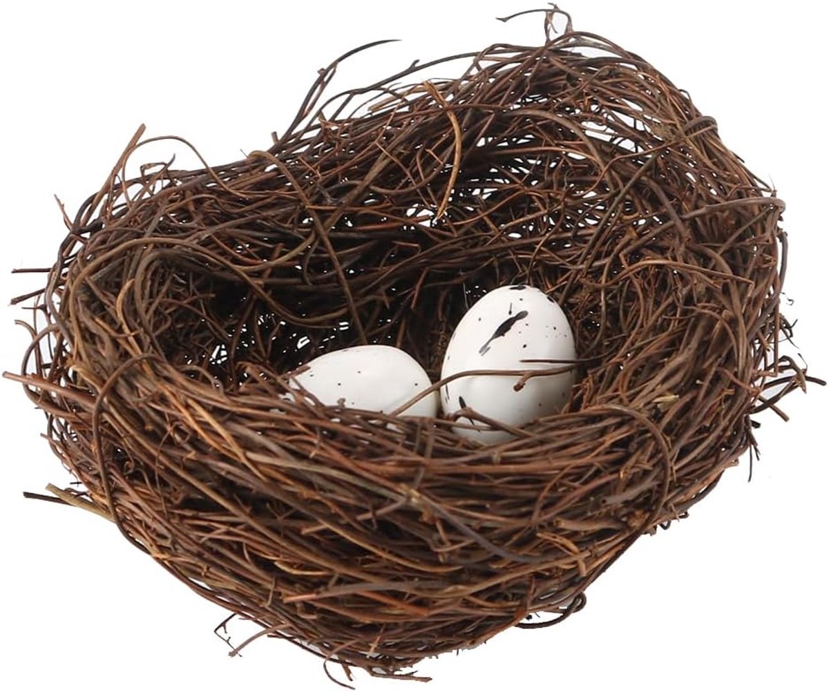 SnelShoppen - Kunstmatig Vogelnest met 2 Nep Eieren - Handgemaakt Rieten Nest voor Pasen Tuin Decoratie - 10cm - Uniek en Creatief
