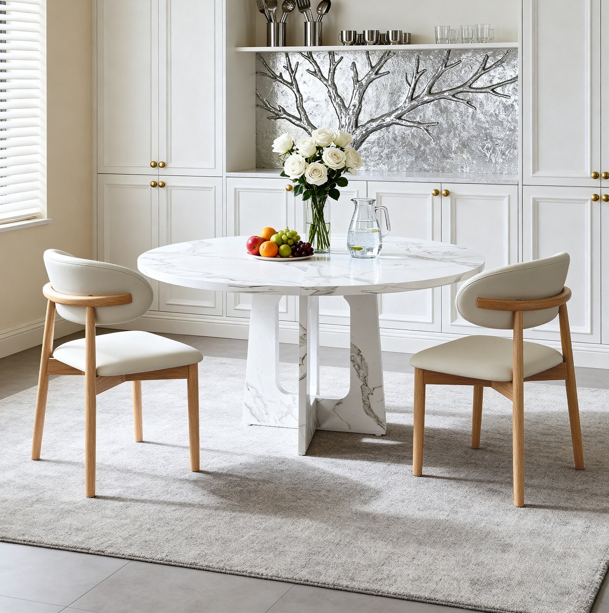 MIVRAY Ronde Eettafelset 120 Cm - 1 Tafel En 2 Stoelen - Wit Marmerlook - Modern Voor Eetkamer En Woonruimte - Hout - Wit