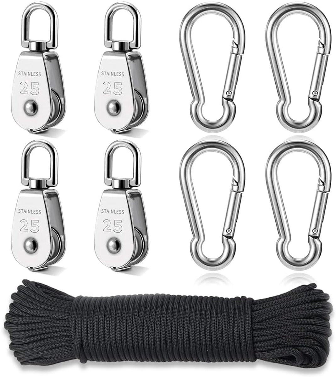 SnelShoppen - RVS Katrolset 4 Stuks, Blok Kabelroller, Sterke Rolletjes voor Touwen, Hoogwaardige 304 RVS, Inclusief Carabiner en Nylon Touw, Ideaal v