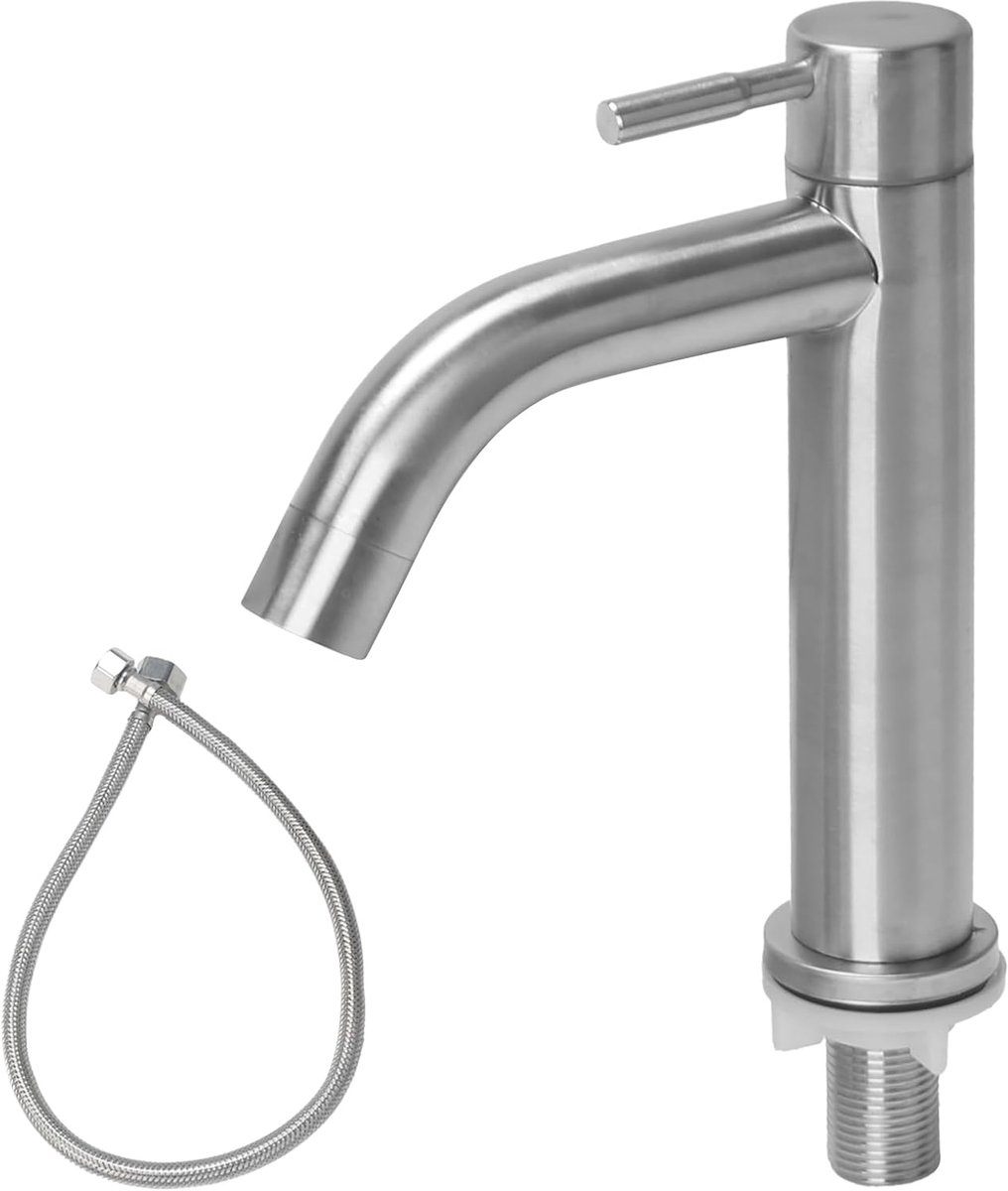 SnelShoppen - Koudwaterkraan RVS met Flexibele Slang, Badkamer Mengkraan voor Toilet, Keuken, Luxe Design met Gebogen Uitloop