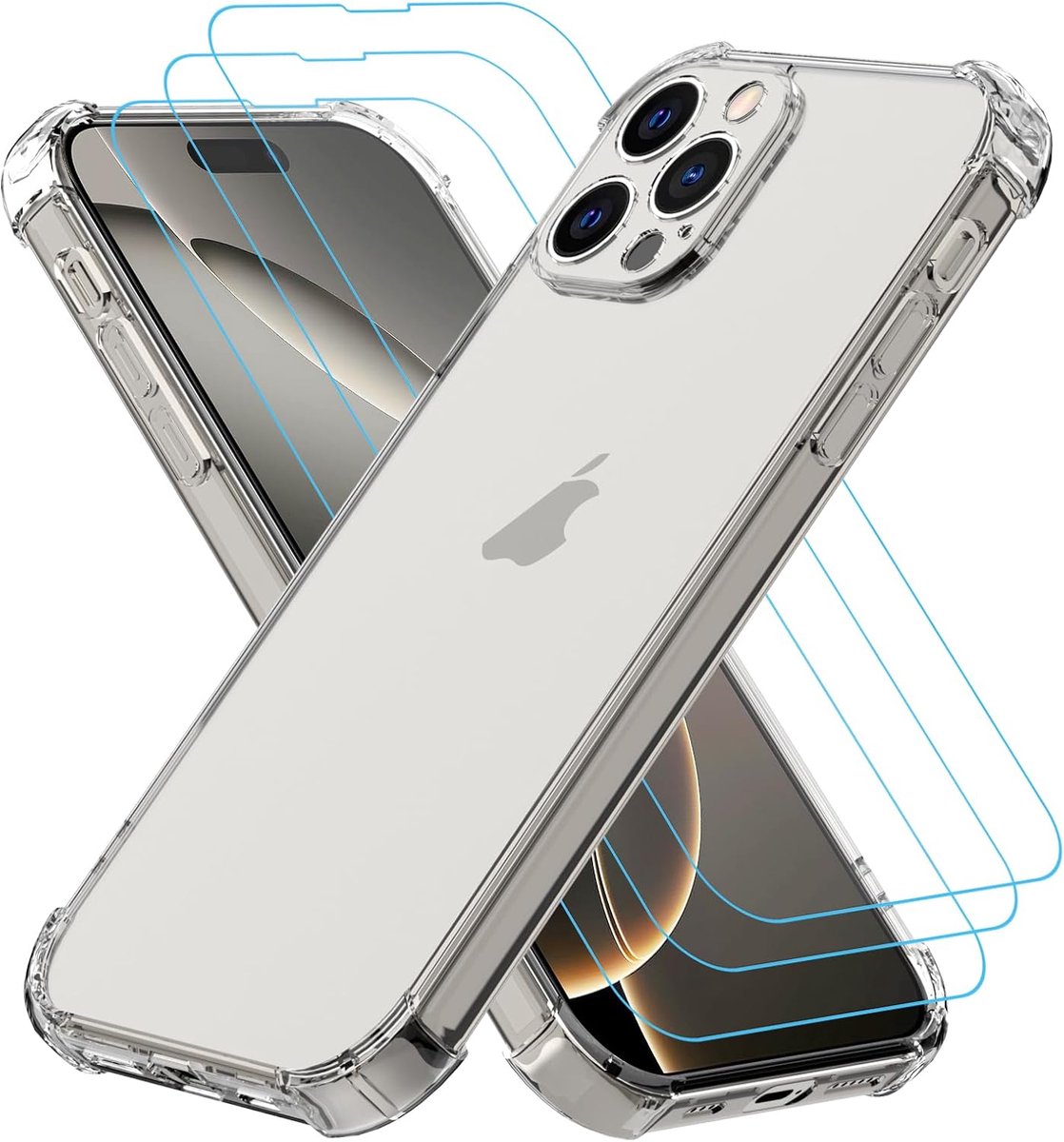 SnelShoppen - Totill Hoesje voor iPhone 16 Pro Max - 3-delig Tempered Glass Hoesje - Schokbestendig Doorzichtig Beschermhoes met Zachte TPU Bumper - D