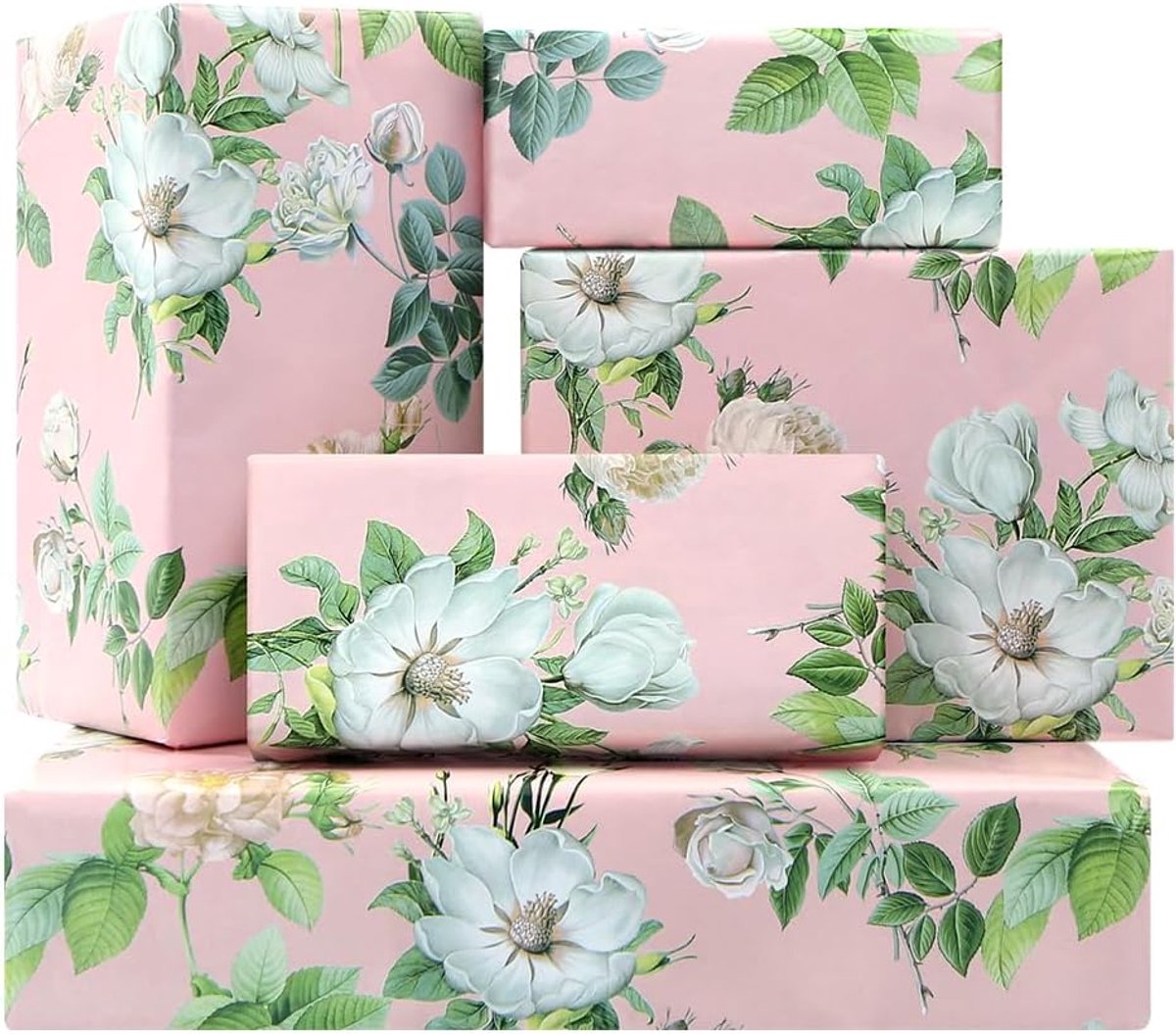 Cadeaupapier bloemen - 4 vellen witte en roze rozen - elegant ontwerp - perfect voor verjaardagen - ShopVlot