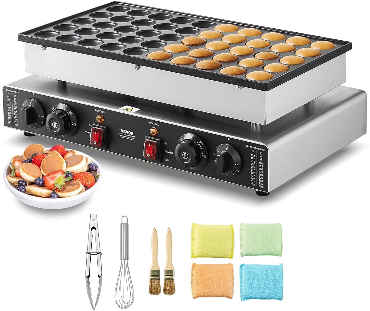 SnelShoppen - VEVOR Mini Pancake Maker, Dubbele Temperatuur, 1700 W, Voor 50 Mini Pannenkoeken, 43 mm, Voor Keuken en Restaurant, Snel en Efficiënt Ba