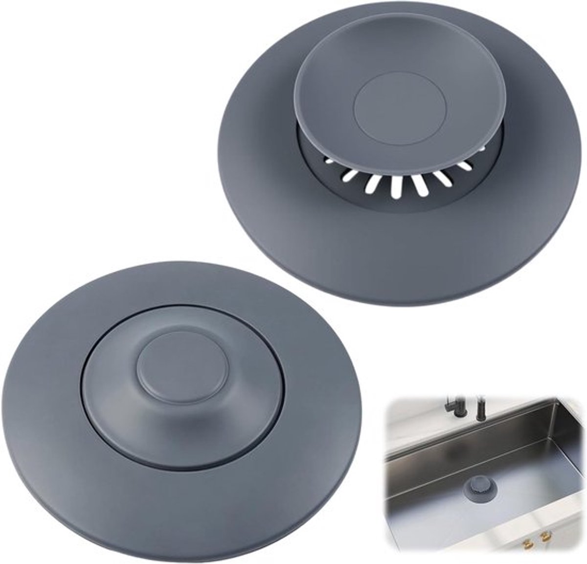Set van 2 Universele Siliconen Afvoerstoppen met Diameter van 11 cm - Silikon Afvoerplug voor Wasbak en Badkuip met Zeef in Grijs