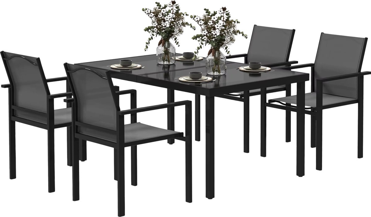 Tuinmeubelset 5-Delig Zwart – 140 cm Tafelblad van Gehard Glas