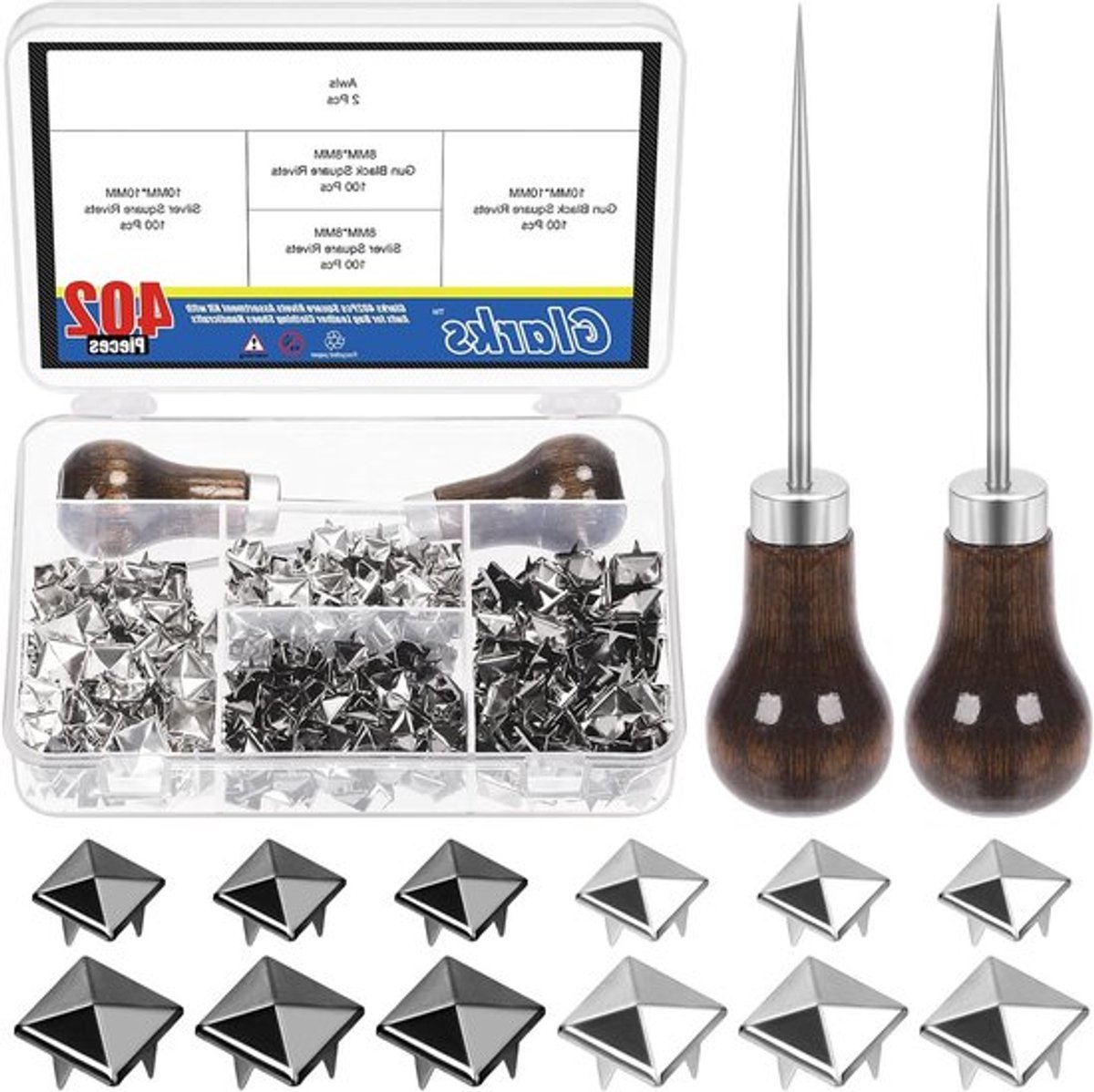 402-delige Set van 10mm en 8mm Vierkante Rivetten met Zwarte en Zilveren Afwerking voor DIY Projecten en Punk Creaties