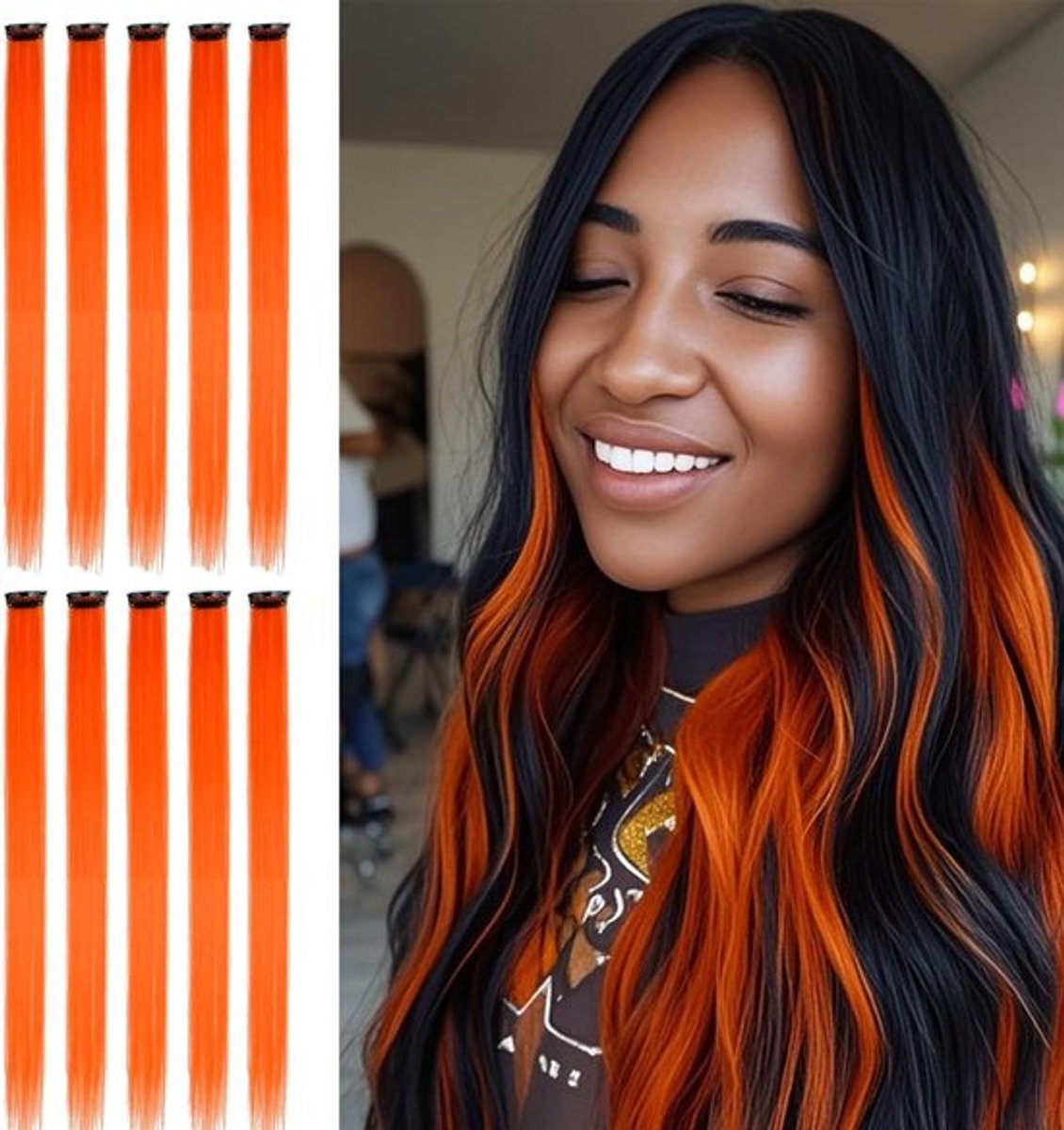 Kleurige Haarstrengen voor Kinderen, 10 Stuks, 55 cm Lange Haarstukken, Oranje Synthetisch Haar, Clip-in Haarextensies, Creatieve Haaraccessoires