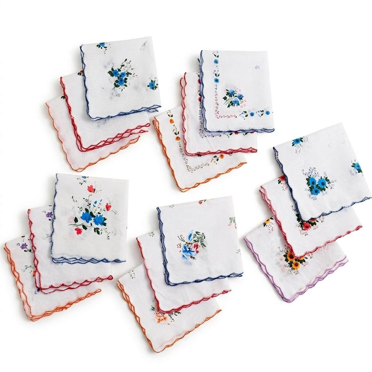 Witte katoenen zakdoeken dames en heren set met blauwe en rode sierrand geborduurde bloemen herbruikbare stoffen zakdoeken vierkant 12 stuks